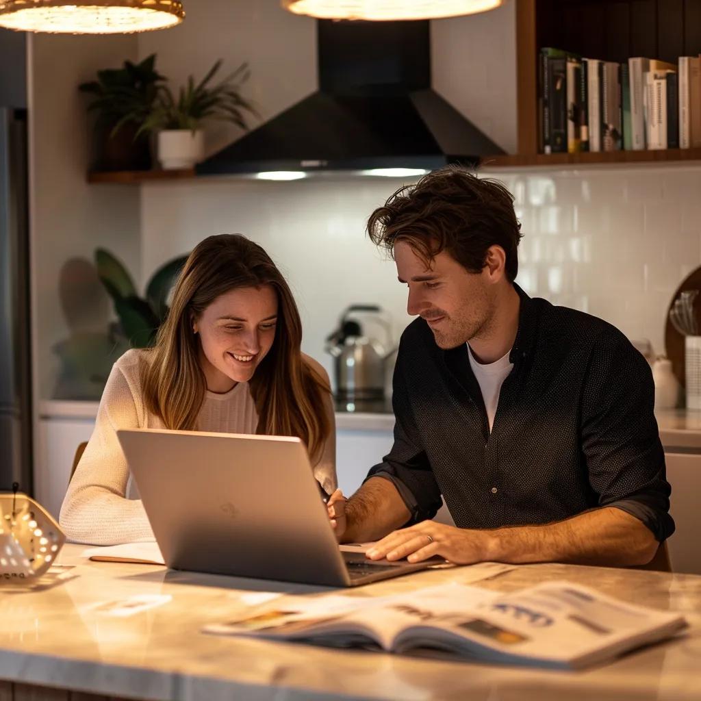 Young couple discussing superannuation options at home, emphasizing financial planning and security